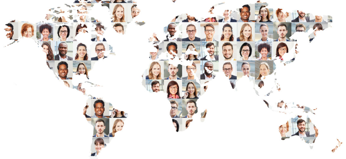 Geschäftsleute Portrait Collage auf Weltkarte