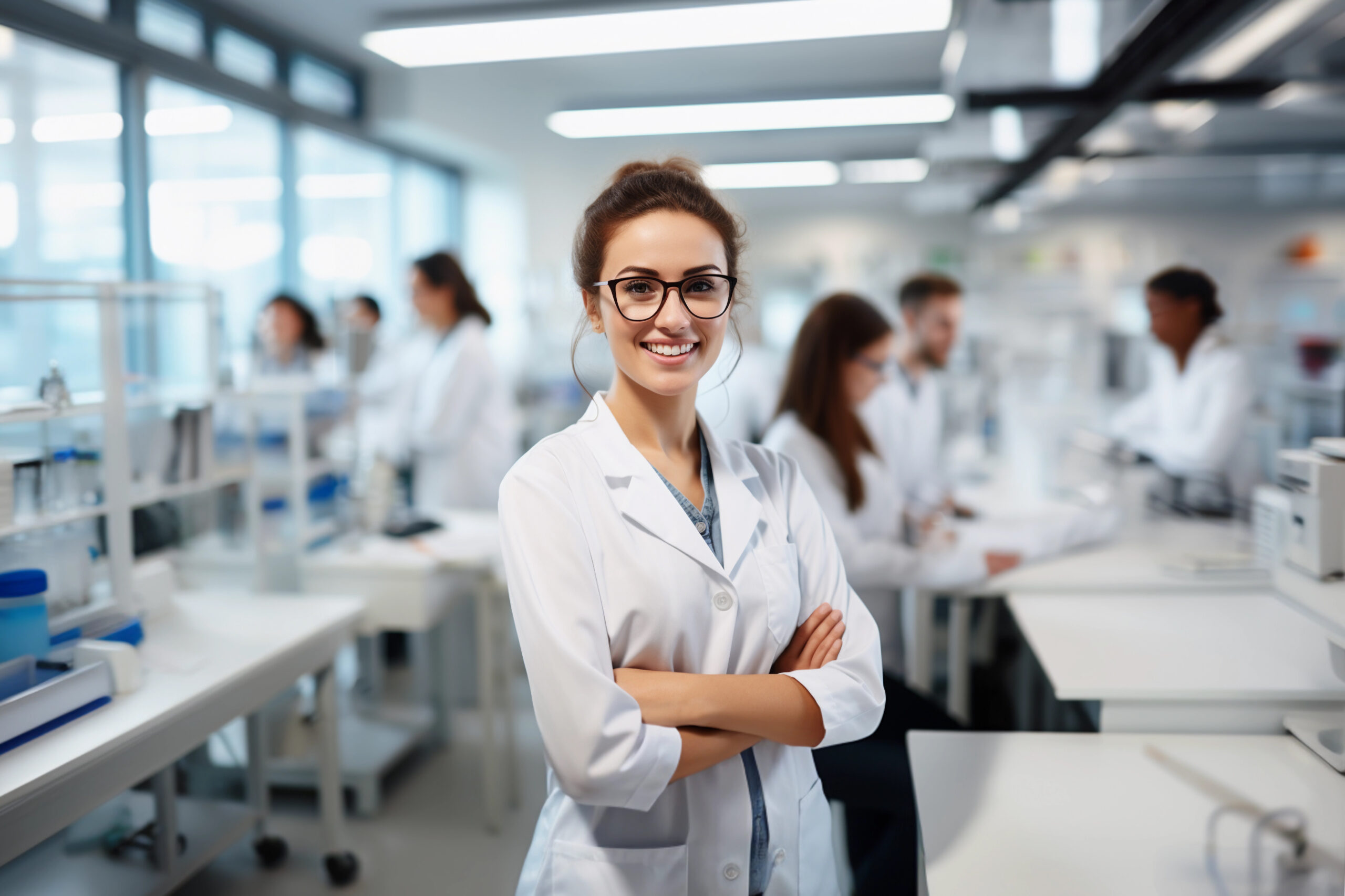 Female scientist in a laboratory — English training for science and research professionals by ELAM